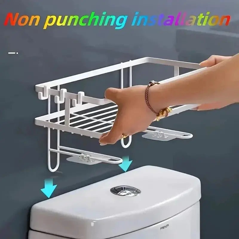 Bathroom over-the-toilet storage shelf in white metal with hooks and wire rack.