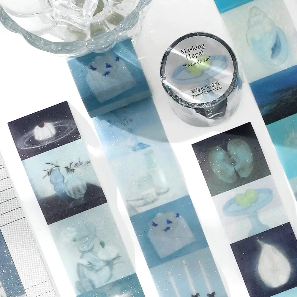 Masking tape roll by Simples Market, decorative PET tape in blue scenic designs, 2m length