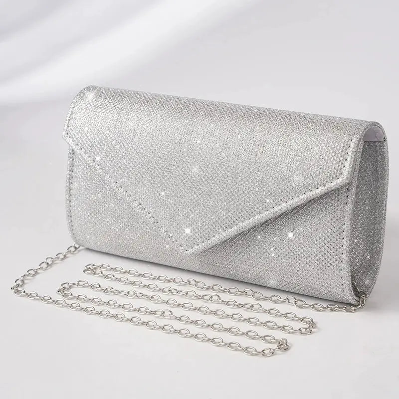 Glitter envelope evening bag with silver chain strap