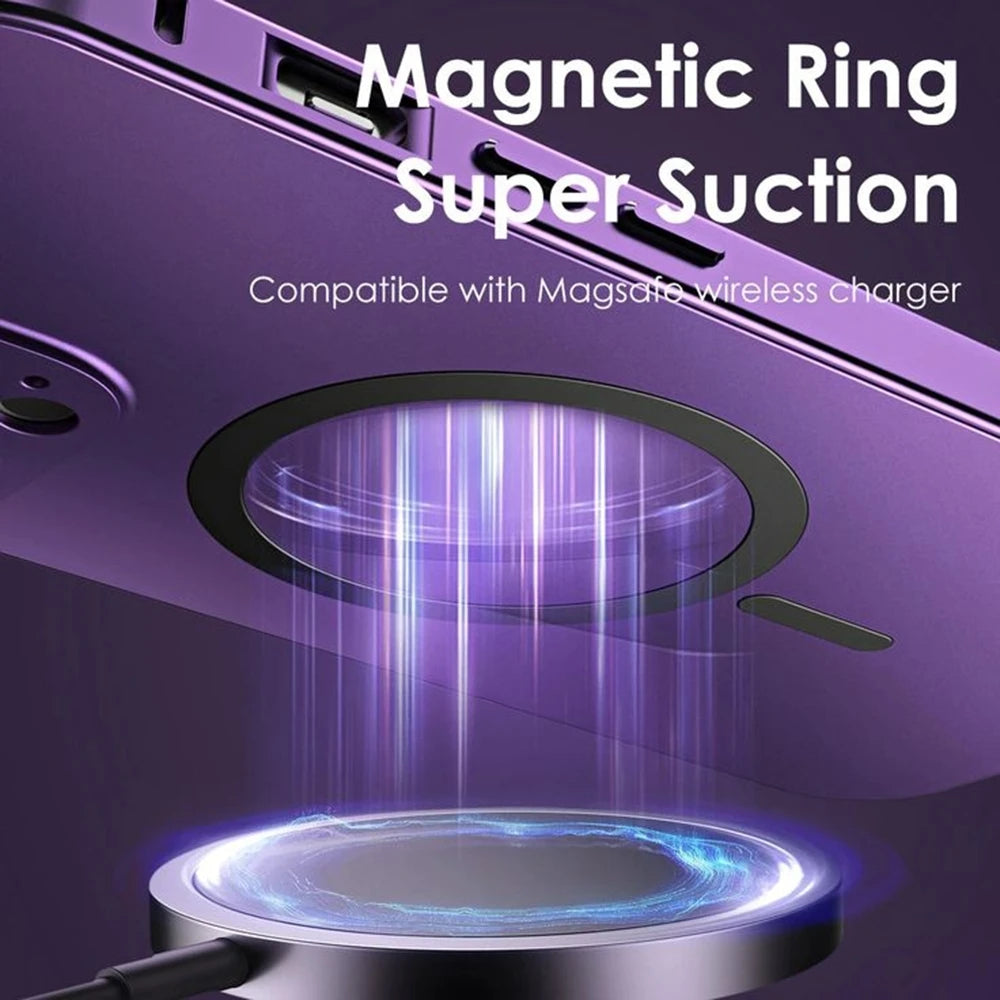 Purple glossy iPhone case with built-in magnetic ring for strong suction and MagSafe wireless charging.
