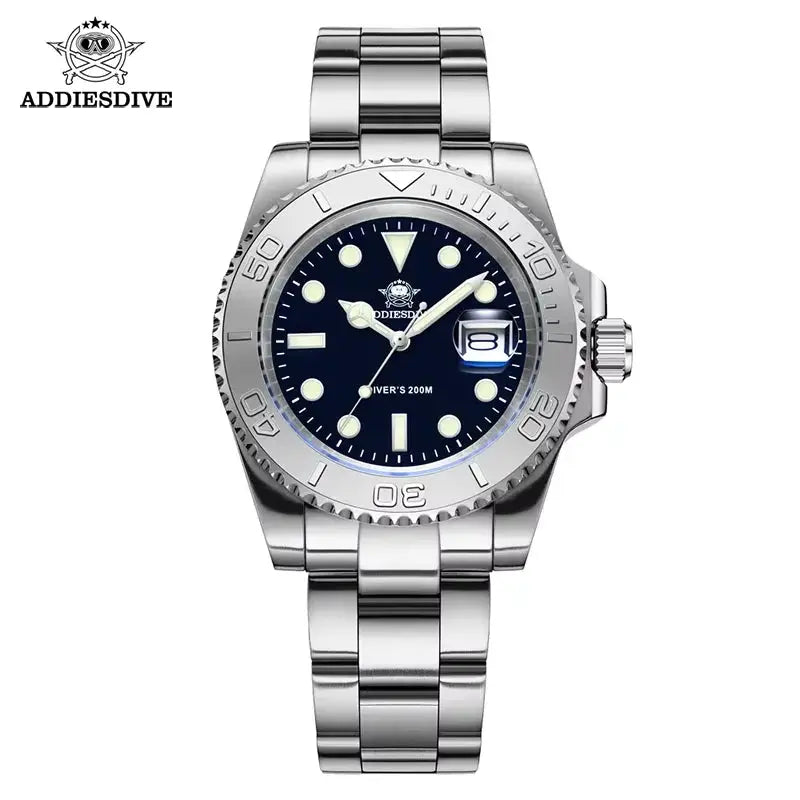 ADDIESDIVE men's quartz diver watch with blue dial, stainless steel band, magnified date, markers, 200m water resistance