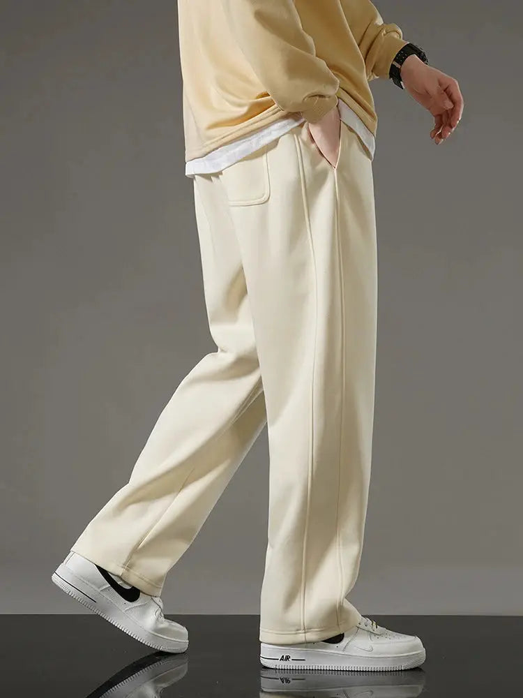 Simples Market men's sweatpants cream cotton wide-leg track pants with drawstring, casual loose fit with side pockets