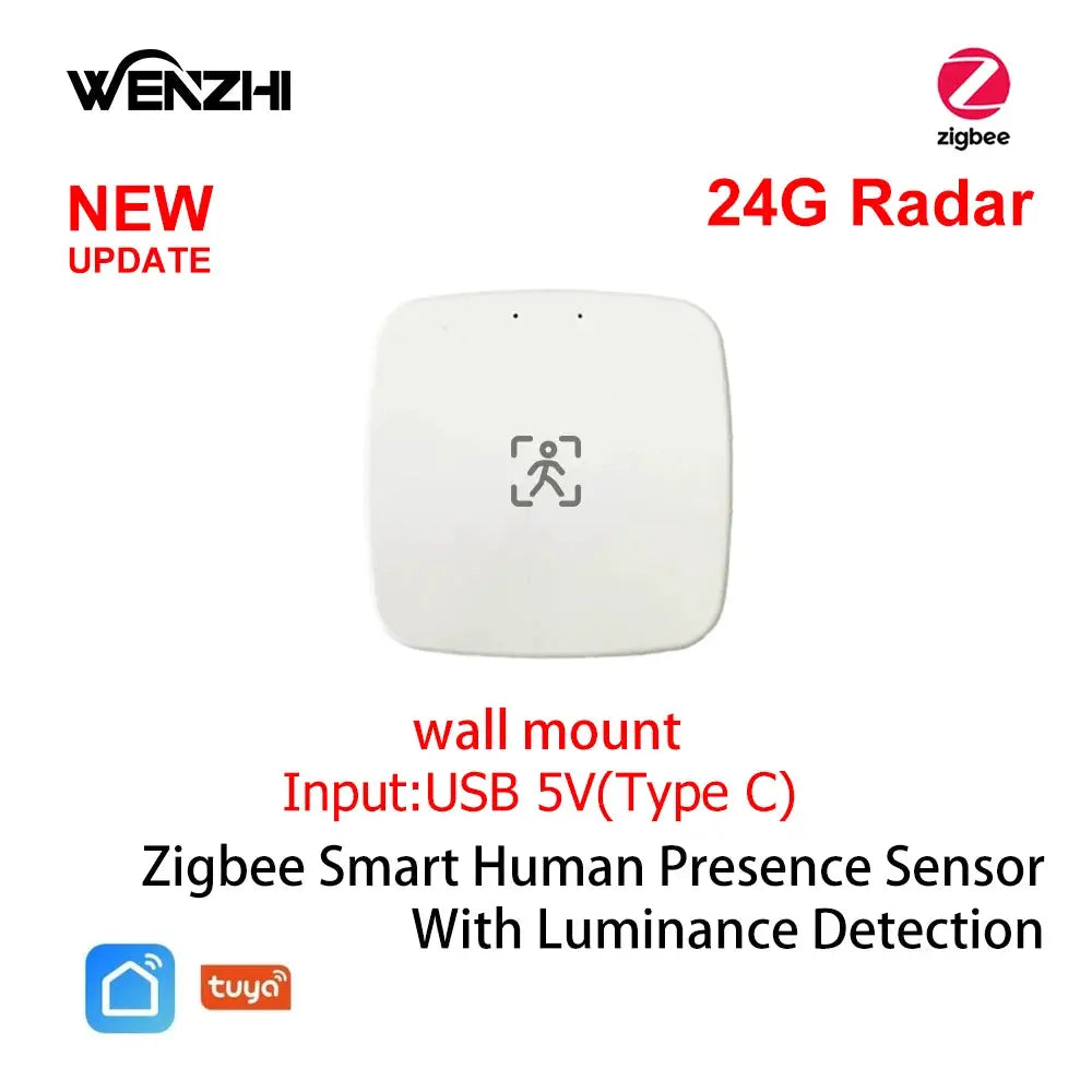 ZigBee smart human presence sensor with luminance detection, wall-mount, USB-C input, Tuya Smart Life compatible
