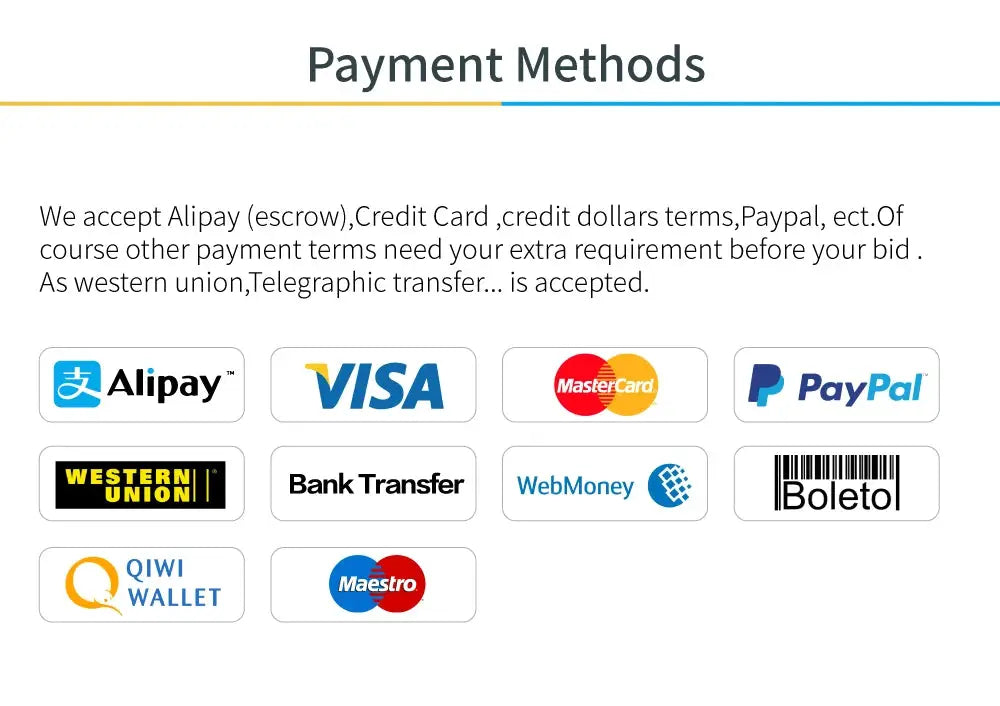 Payment methods: 10 logos including Alipay, Visa, MasterCard, PayPal.