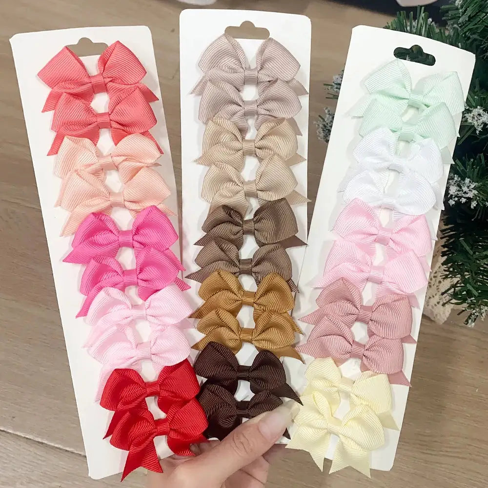 10Pcs Solid Color Kids Bows Hair Clips Set Handmade Ribbon Bowknot Hairpins For Baby Girls New Year Accessories