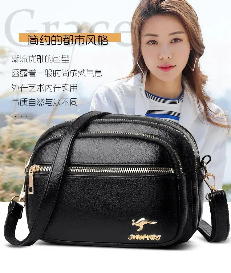 High quality soft leather crossbody purse with adjustable strap and multiple pockets, black pebbled finish.