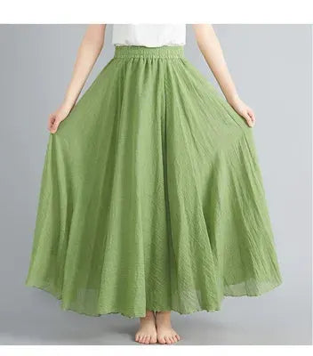 Simples Market solid green cotton-linen Mori Girl long elastic waist A-line skirt