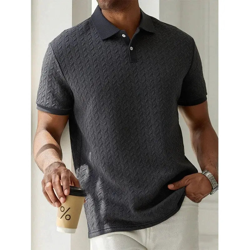 Men's charcoal gray polo shirt with short sleeves and textured knit pattern for breathable streetwear look