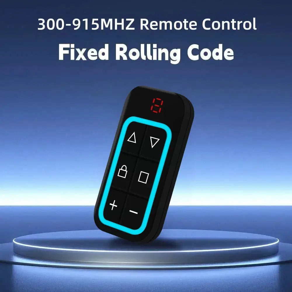Garage door remote control with black body and cyan border, 3x3 button grid, 300-915MHz fixed rolling code