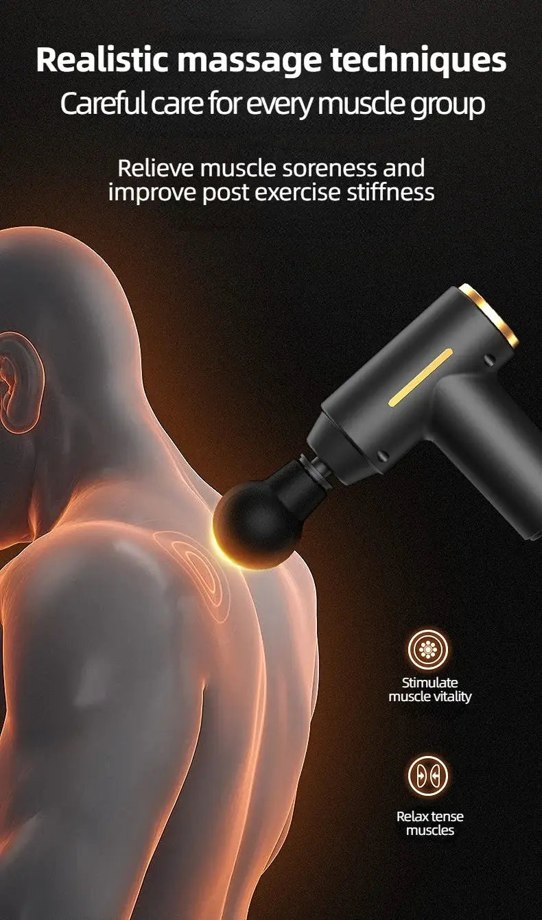 Simples Market portable mini muscle massage gun, black with gold accent, used on shoulder for deep tissue relief