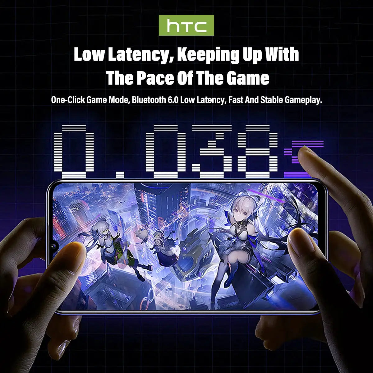 HTC NE70 wireless headphones with low-latency game mode; user holds a smartphone displaying an action game.