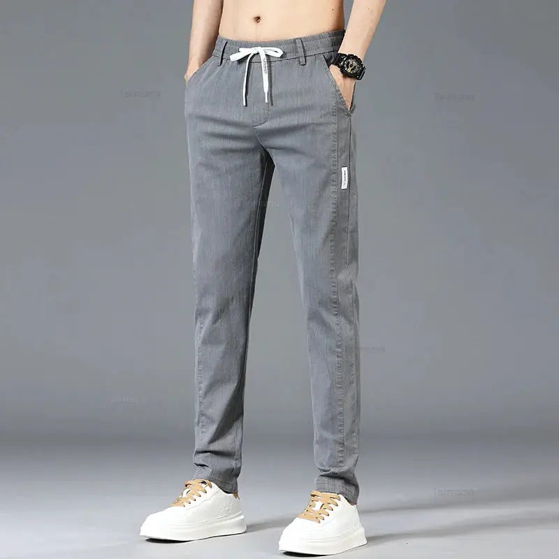 Men's casual pants with elastic drawstring waist in blue-gray, slim straight fit.