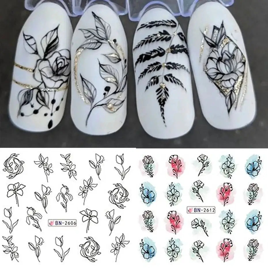 12 pcs Simples Market ink flower nail art decals with black line floral designs for nails