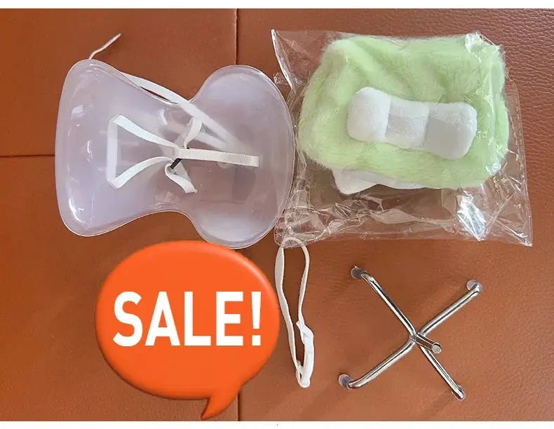 Car doll safety seat in clear plastic with white straps, plus lime green fuzzy accessory and metal stand