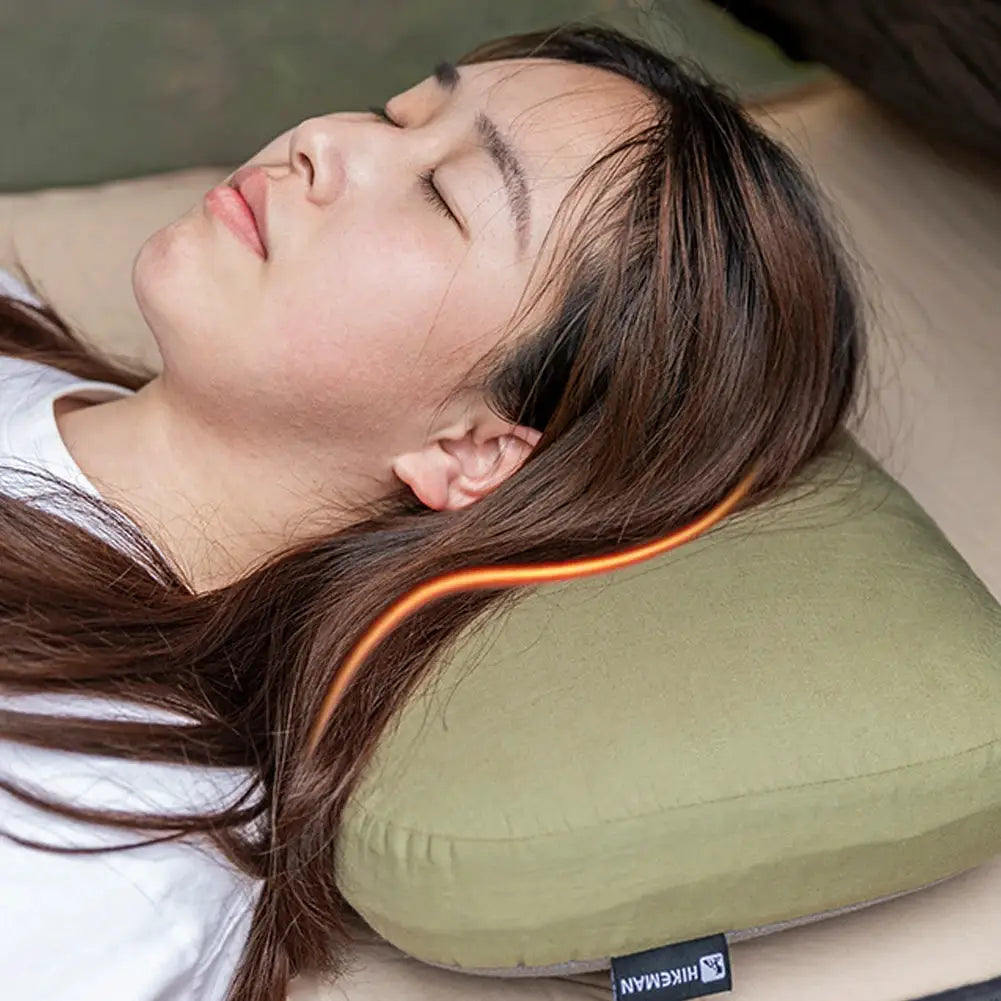 Simples Market memory foam neck pillow, olive green with orange edge for camping and travel