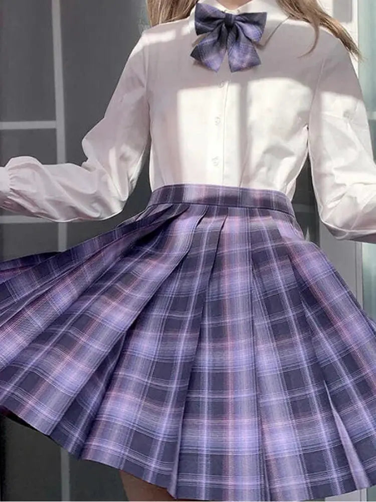 ZOKI purple plaid pleated high-waist women's skirt