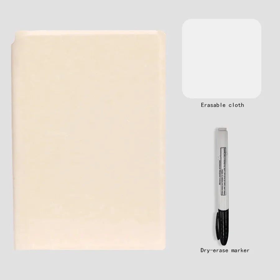 A5 portable reusable whiteboard notebook set with beige leather cover, includes pen and erasing cloth