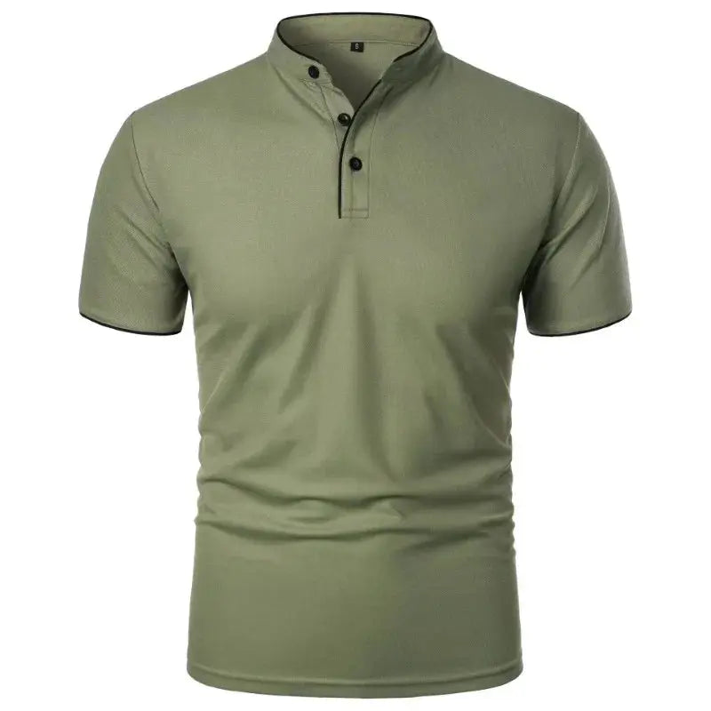 Olive green men's polo shirt with short sleeves, collar, and button placket by Simples Market