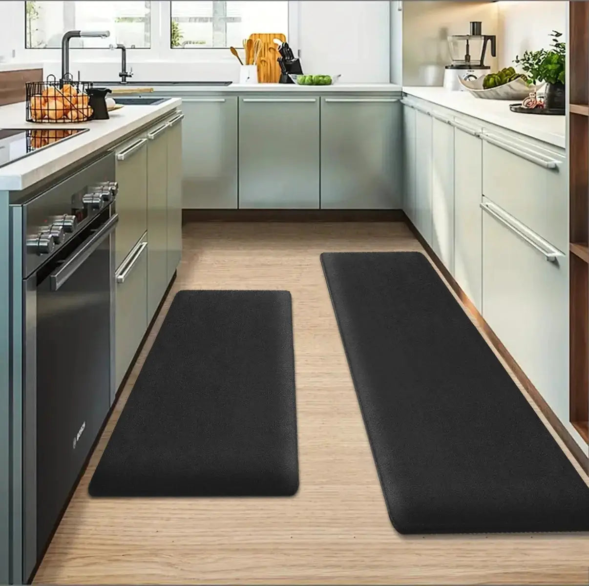 Simples Market pair of black long-strip kitchen floor mats, thickened flannel, non-slip and absorbent.
