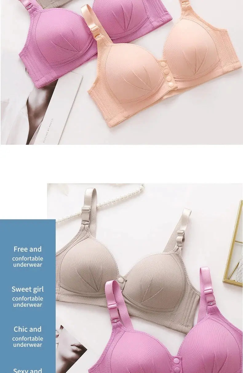Three women's push-up bras in pink, nude and purple with adjustable straps and breathable fabric