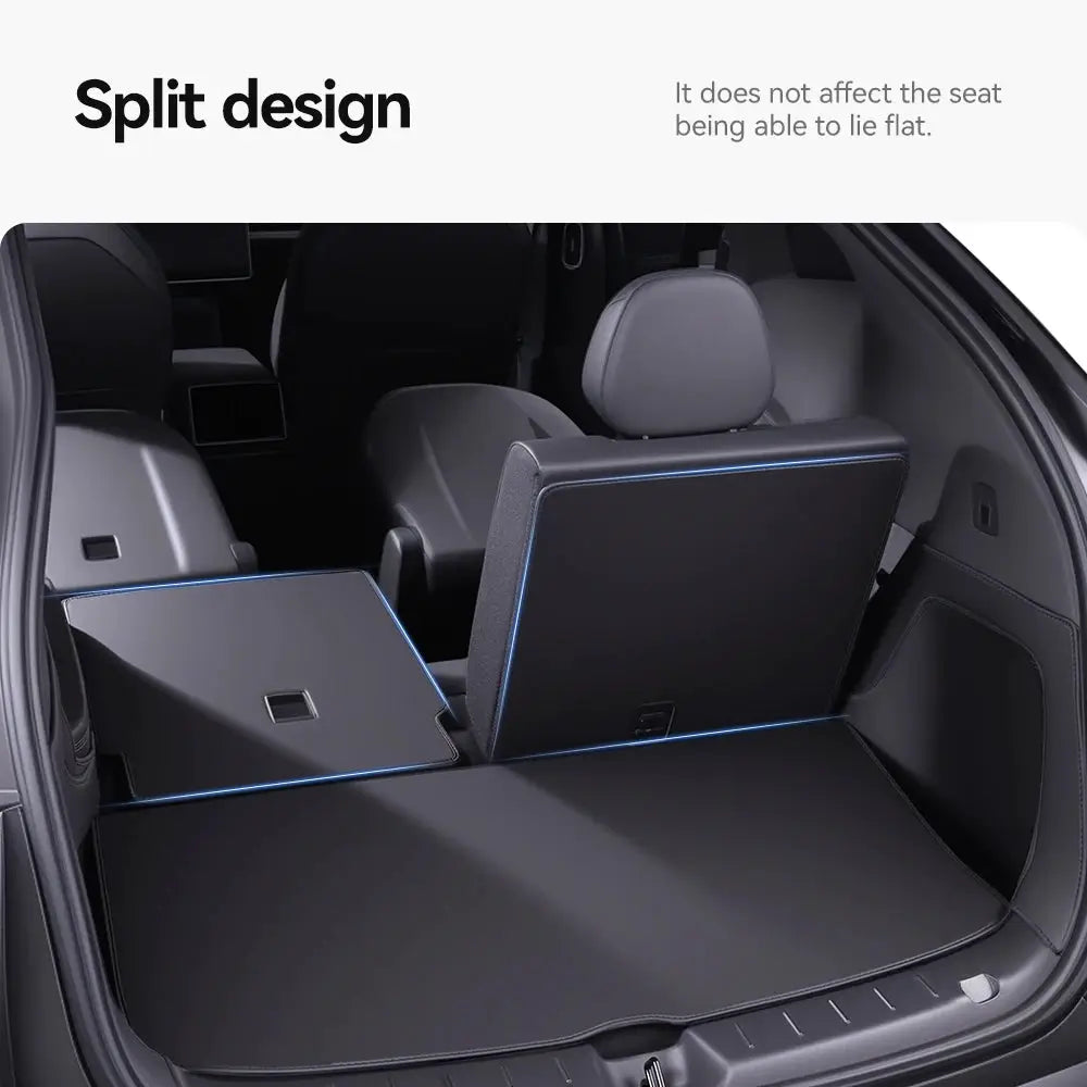 YZ Tesla Model Y trunk mat cover by Simples Market; split-design, all-weather Nappa leather liner with blue edge trim.