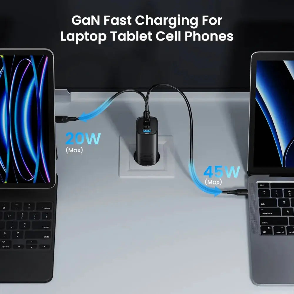 GaN USB-C charger, black, dual-port power hub for laptops with 20W and 45W max.