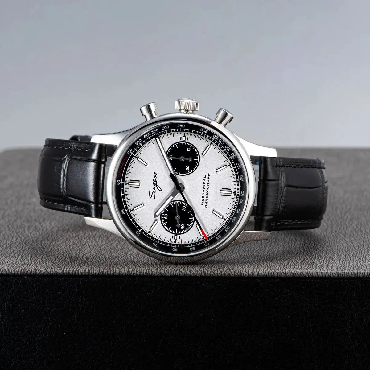 Sugess 1963 Panda pilot chronograph watch with silver dial, black subdials, steel case, black leather strap