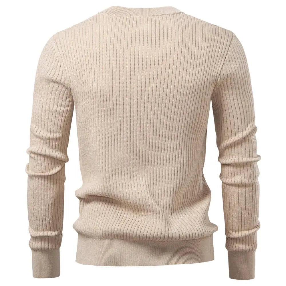 Beige ribbed knit long-sleeve top, crew neck, back view