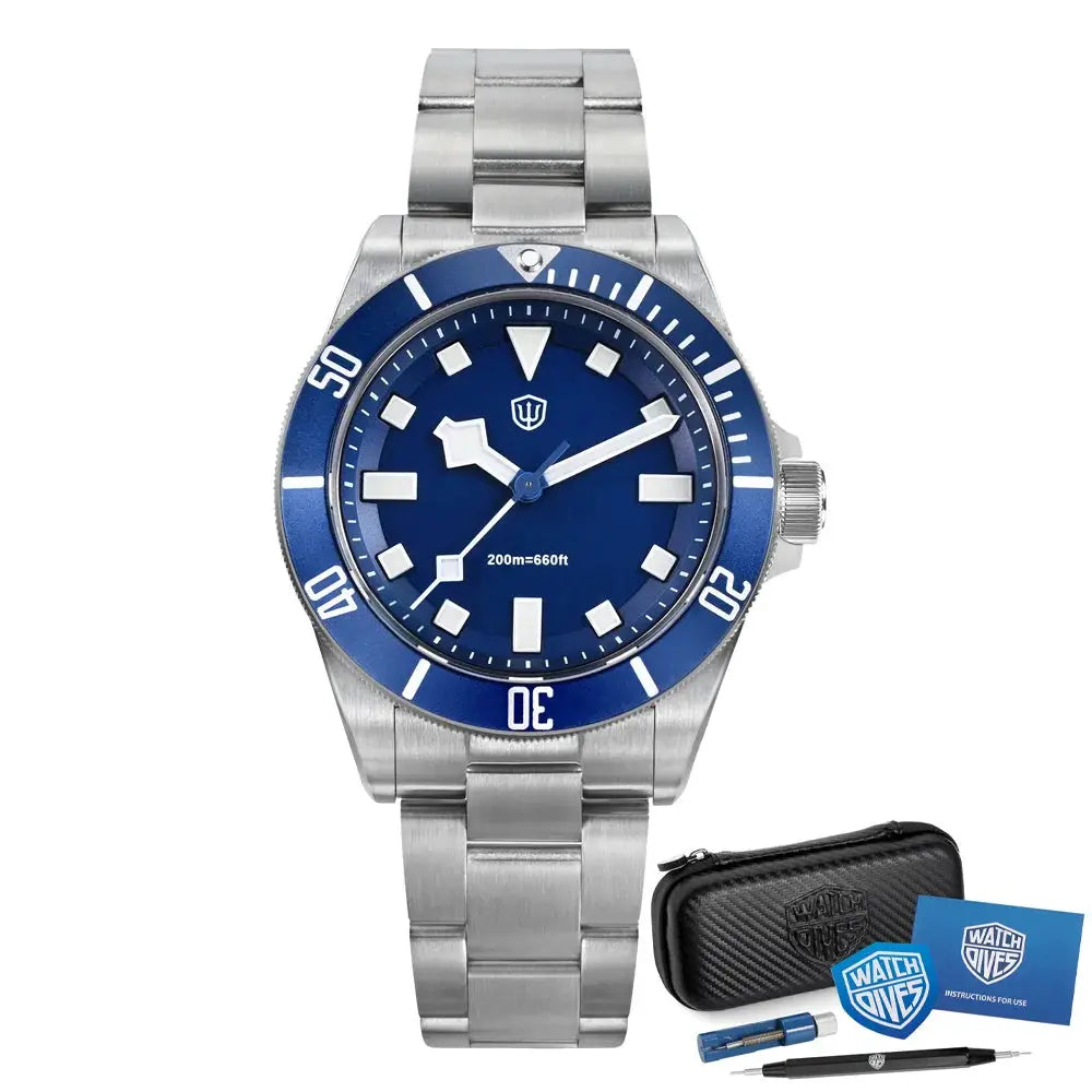 Watchdives WD1969 Pro 38mm stainless steel diver watch with blue dial and blue bezel