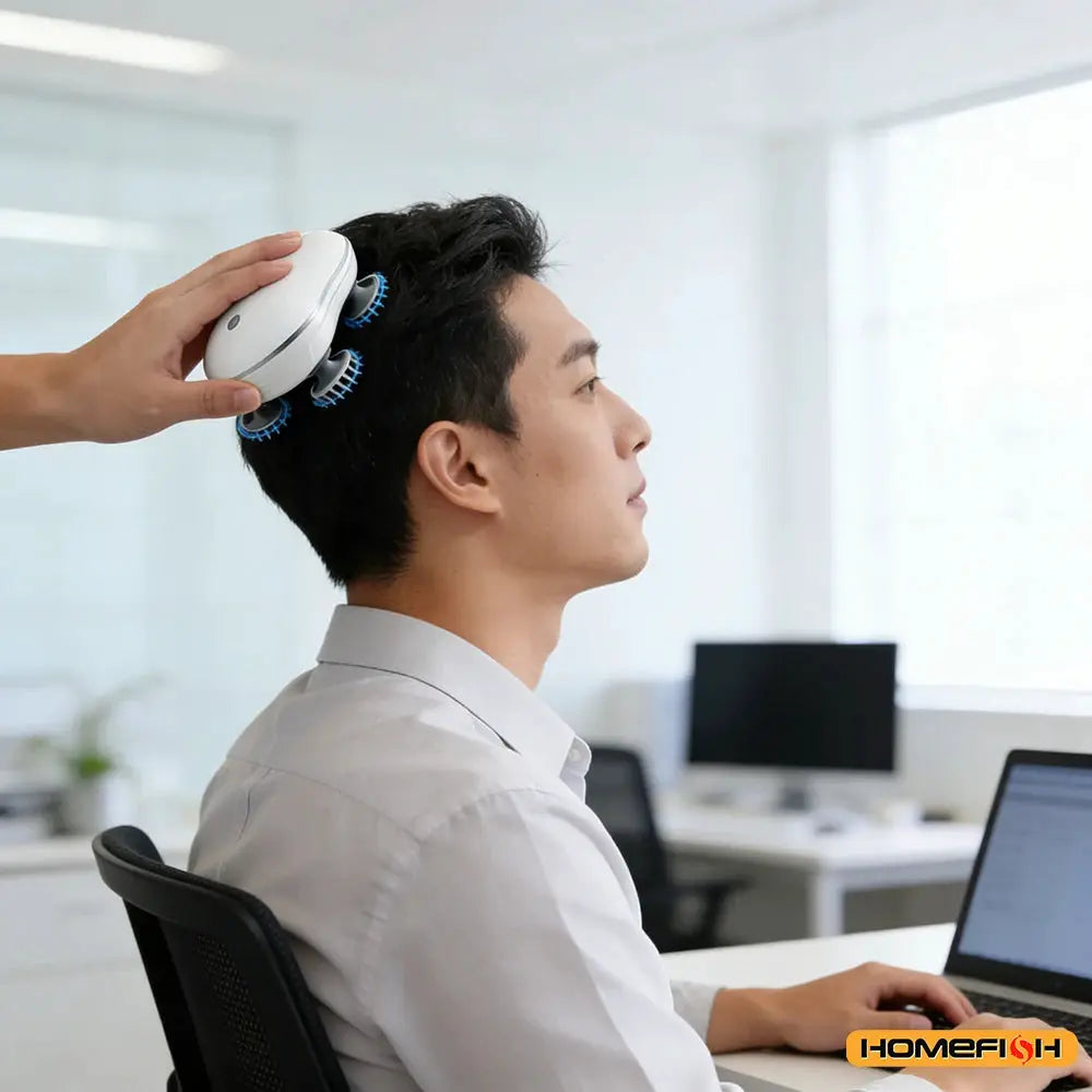 2-in-1 Electric Scalp Cleaner & Pet Massager by Simples Market; white device with blue brush rollers used on a man's head.