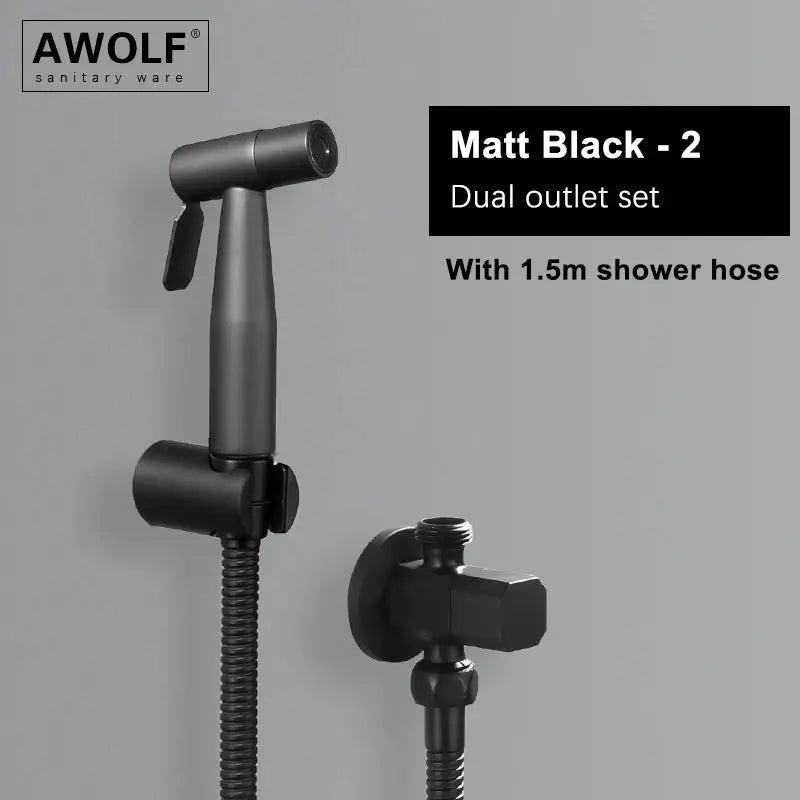 Matt black handheld bidet spray head by AWOLF, dual-outlet set with 1.5m shower hose