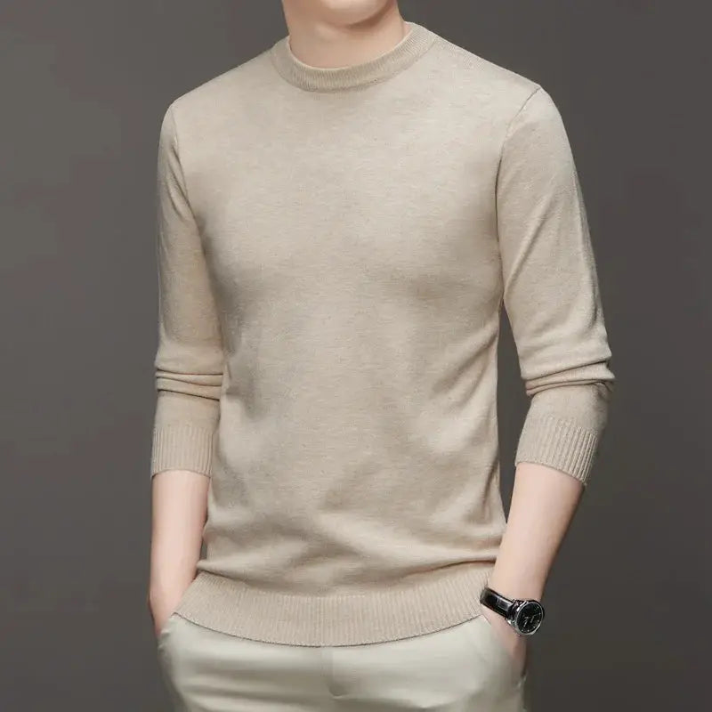 Men's crewneck knit pullover sweater in beige, long sleeves, lightweight solid color by Simples Market
