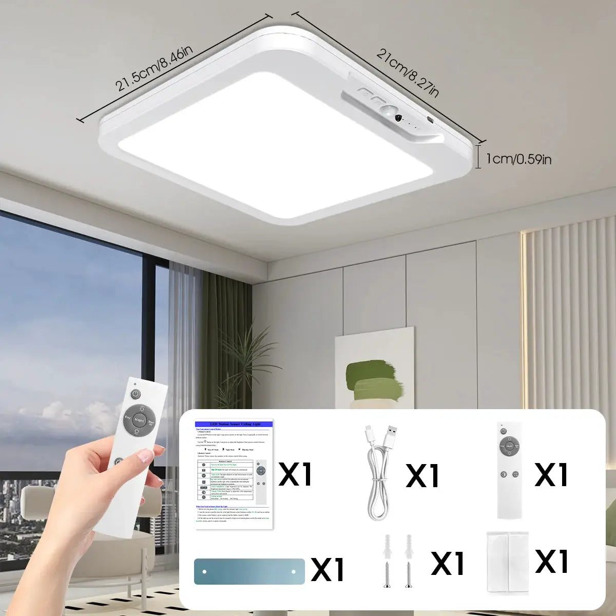 Rechargeable motion-sensor ceiling light by Simples Market, white LED panel, 3 color temps, remote, timer