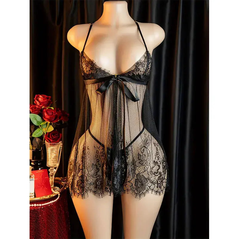 LaceLuxe Suspender Lingerie Set Front Open Lace Up Dress For Plus Size Women With Confidence
