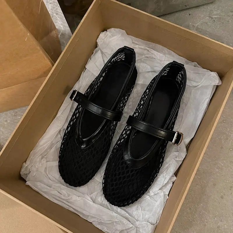 AeroWear Cut Out Mary Jane Flats Breathable Air Mesh Upper With Fishnet Design For All Day Comfort