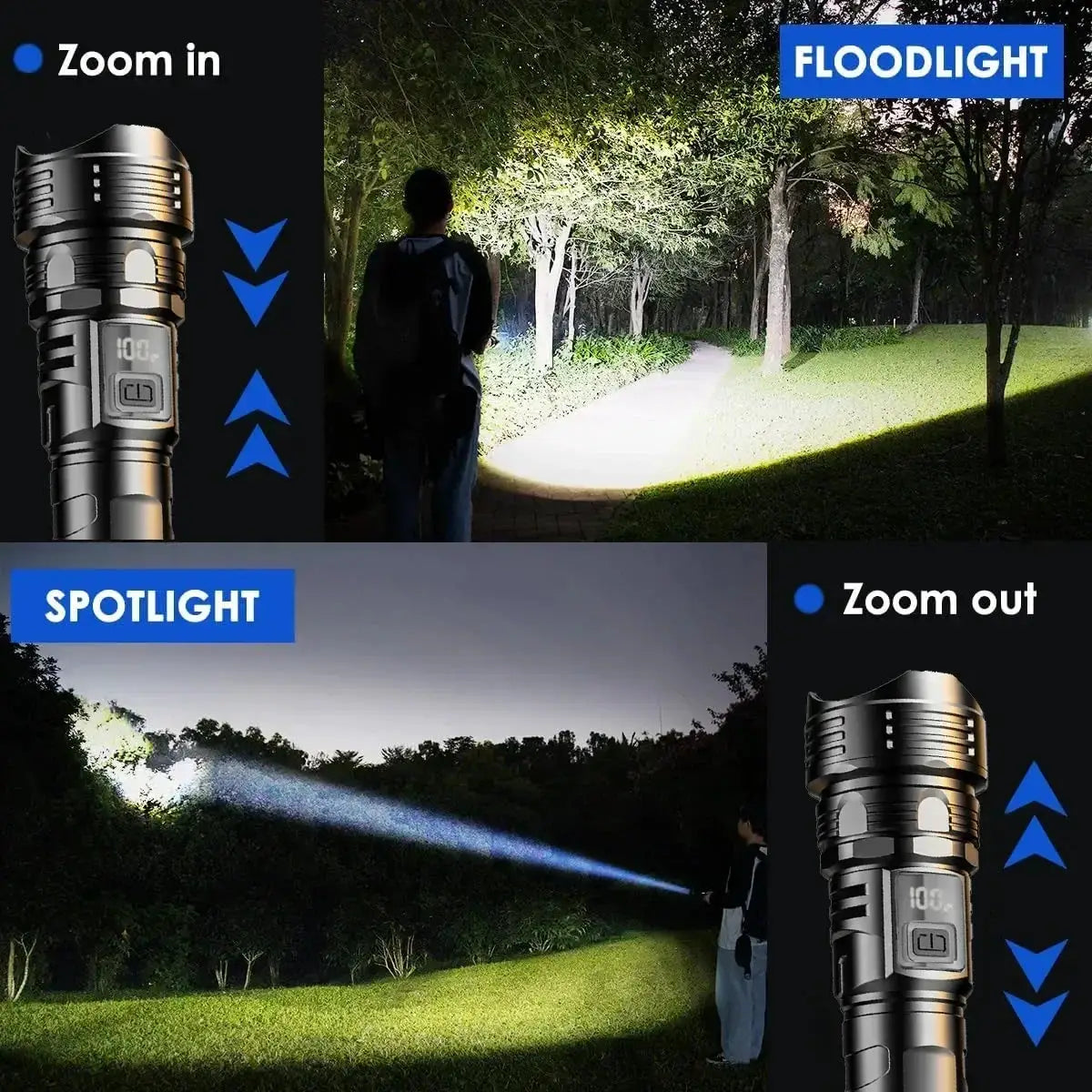 High-power LED flashlight by Simples Market, black USB rechargeable 1000LM waterproof zoomable torch for outdoor camping