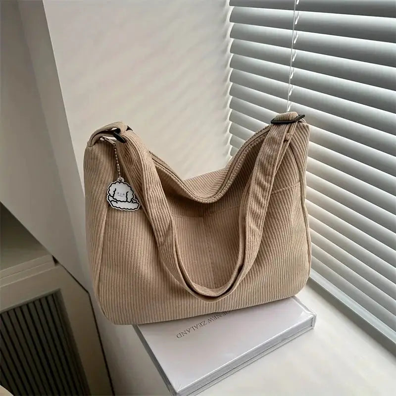 LuxeCarry Corduroy Shoulder Bag Striped Tote With Zipper Closure And Cute Hat Patch For Everyday Use