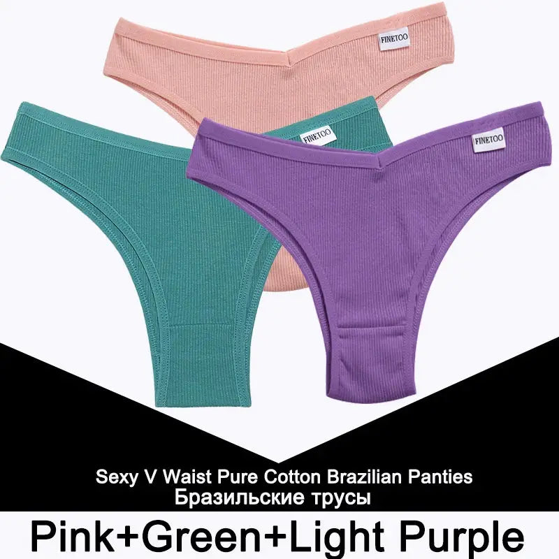 FINETOO 3-piece cotton women's low-rise thong set in pink, green, and purple