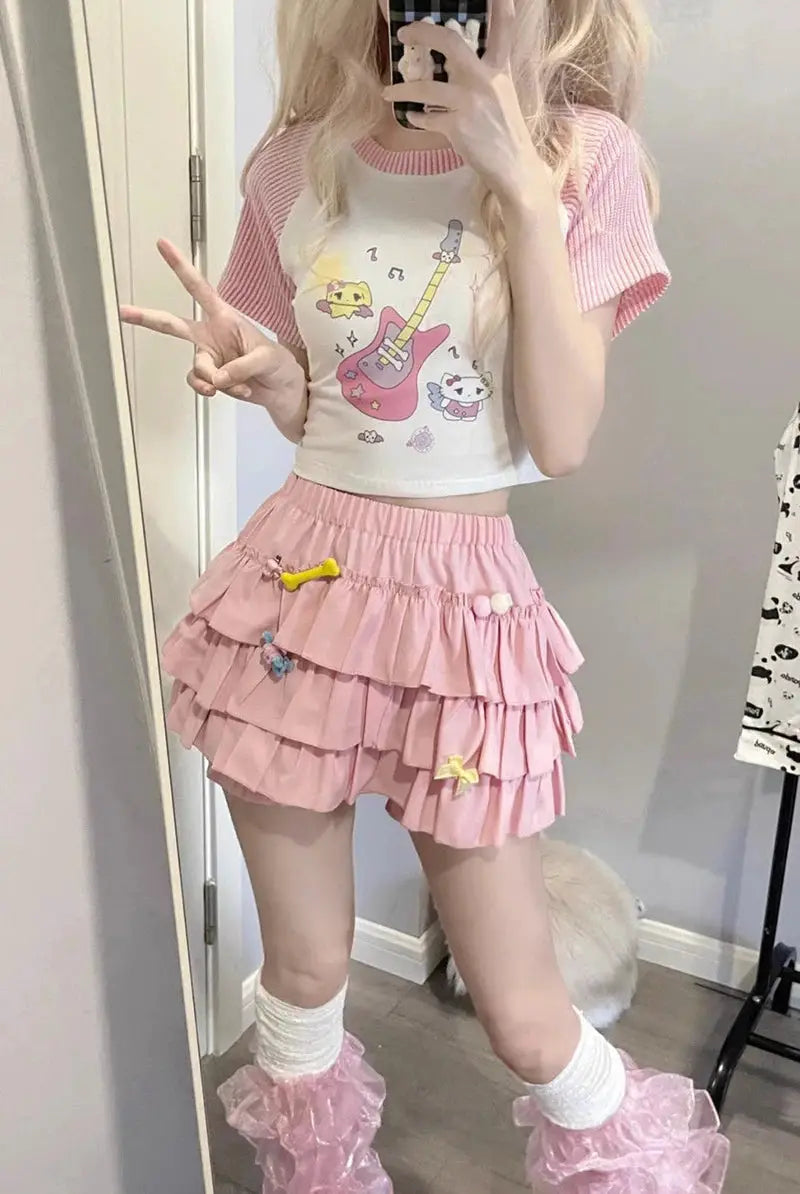 MEXZT Y2K Sweet Ruffles Mini Skirt pink layered high-waisted Lolita style Simples Market
