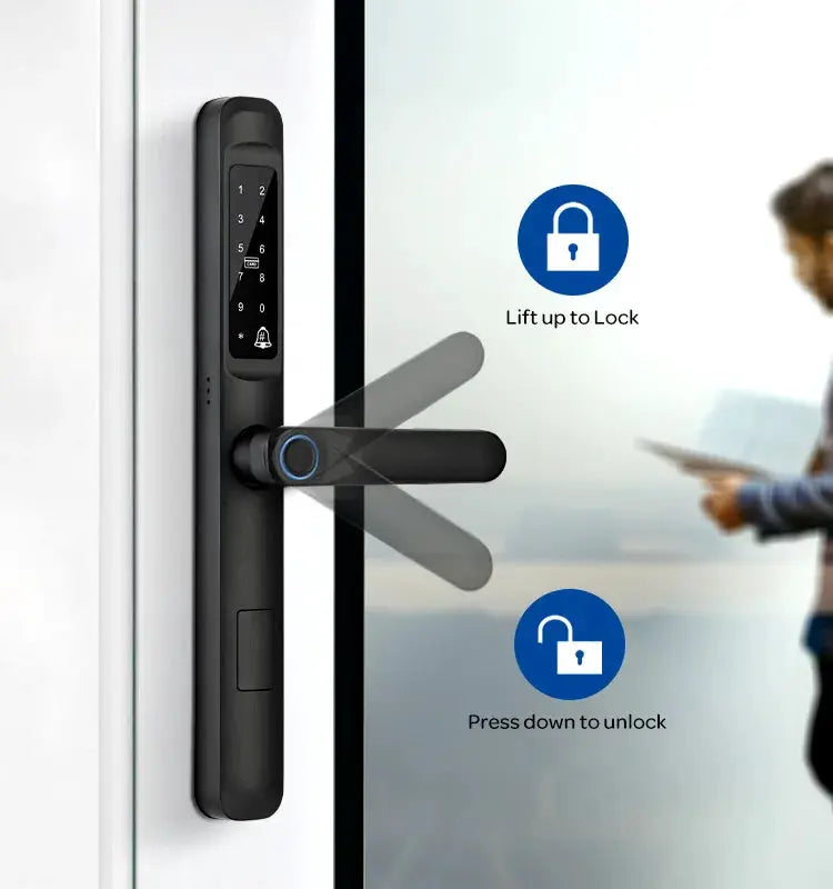 Door lock by Simples Market, black 92/85mm waterproof fingerprint TTLock keyless smart lock for aluminum/glass sliding doors