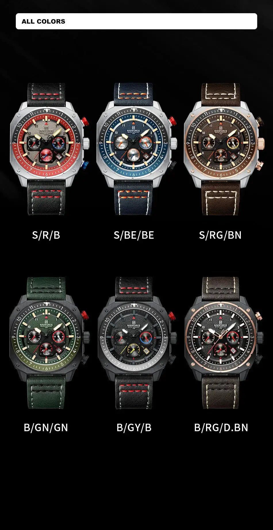 NAVIFORCE men's square multifunction waterproof quartz watches with leather straps; six colorways shown.