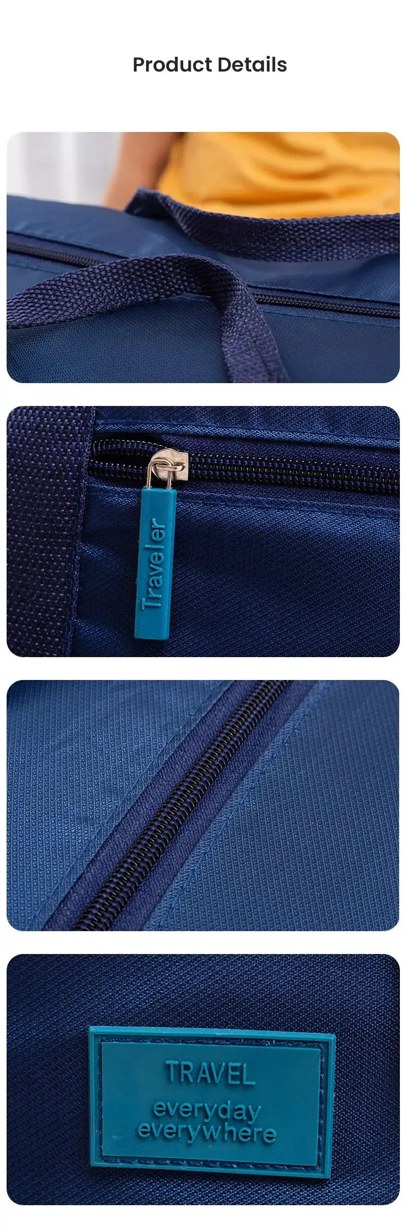 Foldable blue nylon travel duffel bag with teal zipper pull and travel tag