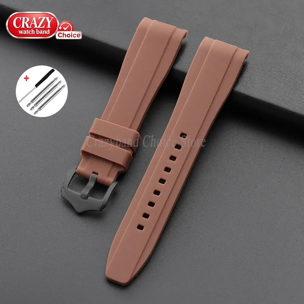 Brown silicone watch strap pair with curved ends and gray buckle; Crazy watch band label, fits Casio and Seiko watches