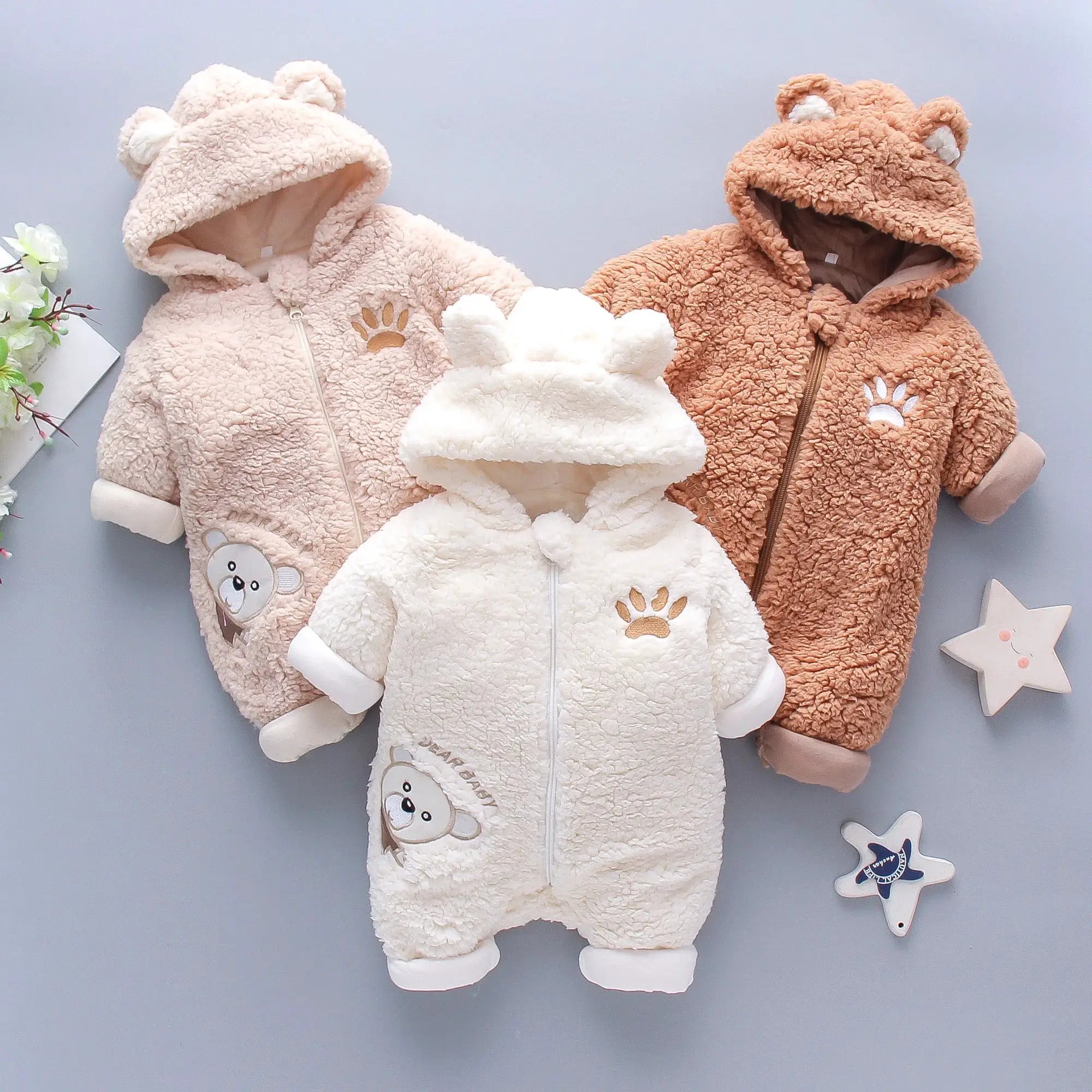 Lamb Hair Baby Jumpsuit With Cartoon Bear Embroidery Hooded Thickened Winter Crawling Suit For Girls 0 To 1 Year
