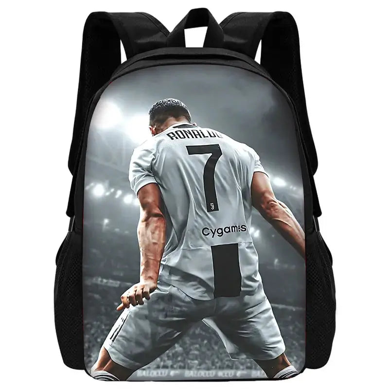 Kids CR7 Ronaldo school backpack with black straps and white jersey print