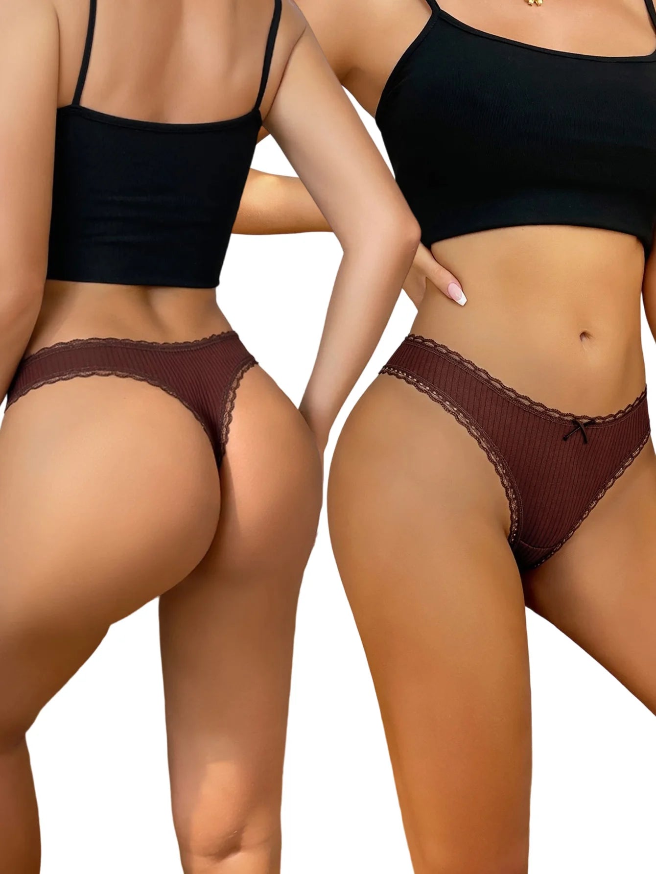Thong panties in brown lace-trimmed ribbed fabric worn by two models from a 7-piece women's underwear set