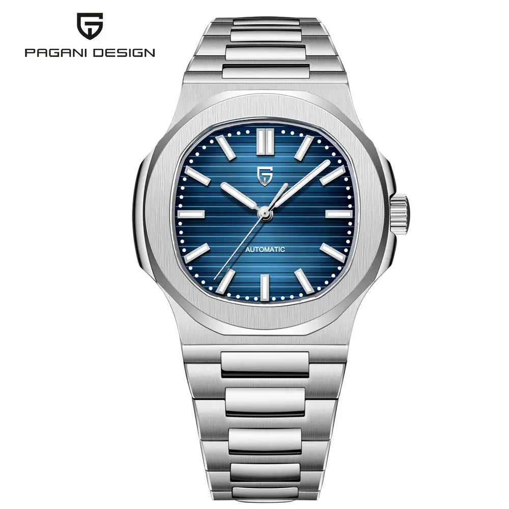 Pagani Design stainless steel automatic watch for men with blue dial and brushed bracelet