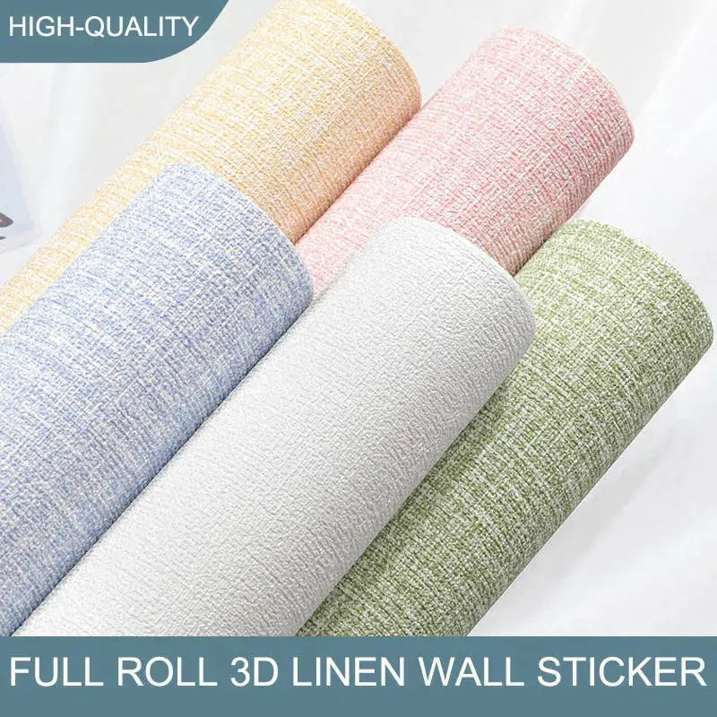 3D thickened self-adhesive linen wallpaper rolls in pastel colors (blue, yellow, pink, white, green), five rolls