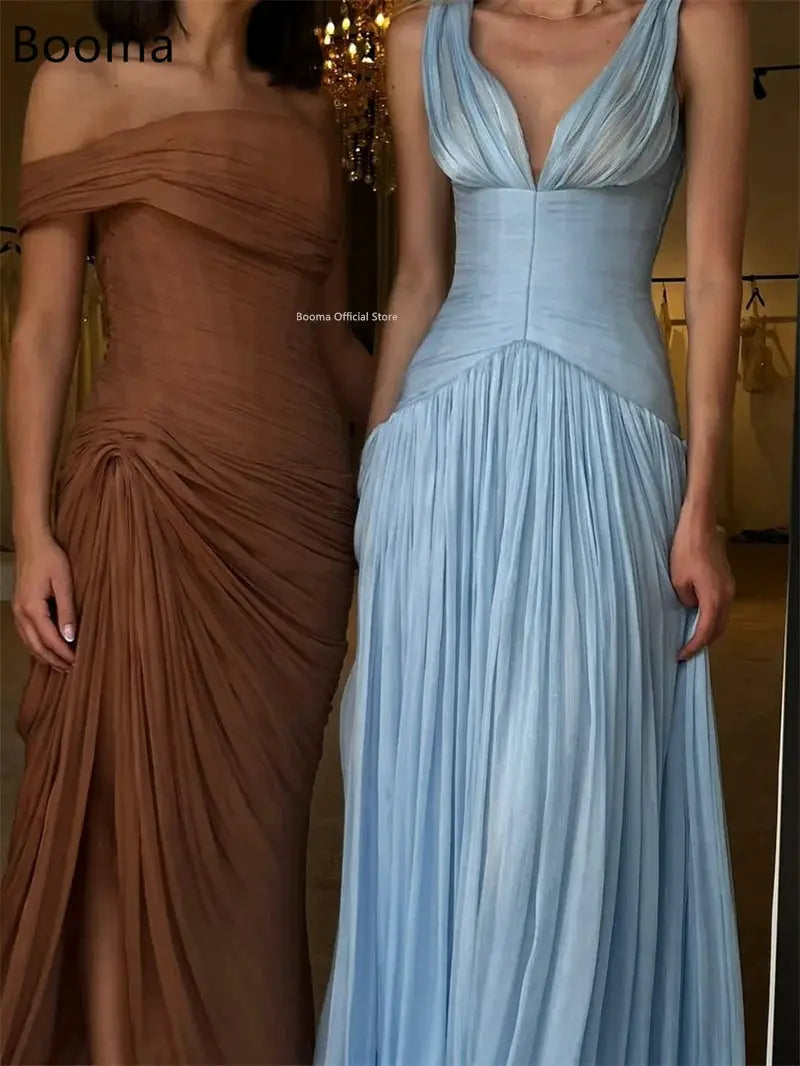 A Line Prom Dress Sleeveless V Neck Satin Floor Length Gown Customizable