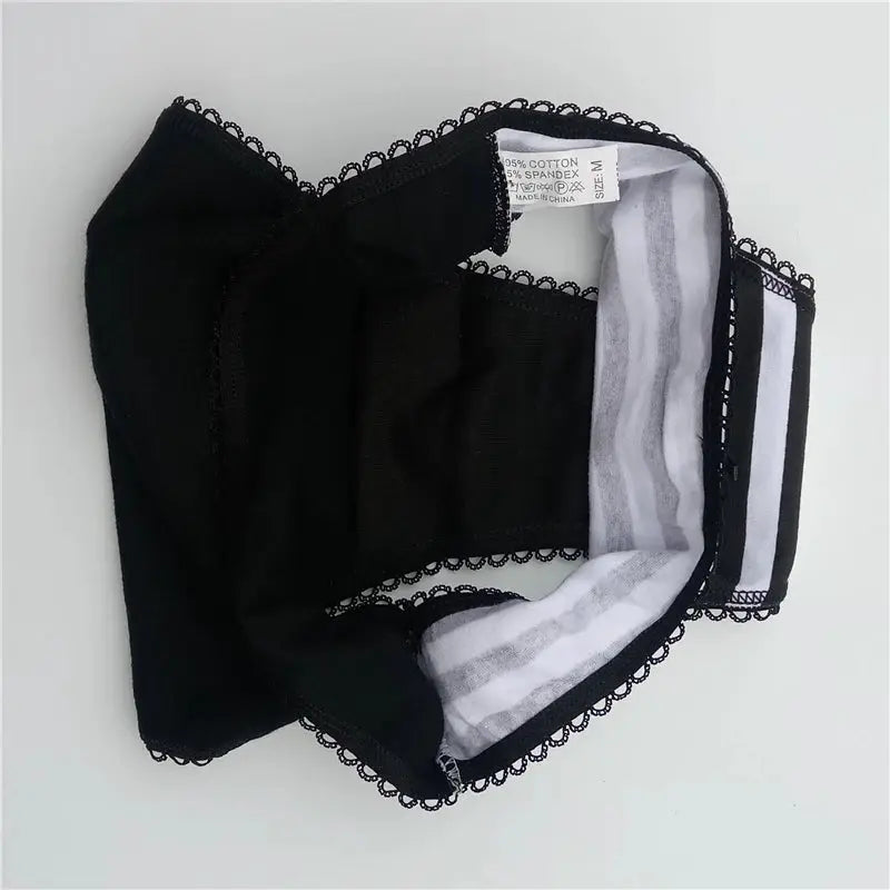 Black lace-trim bikini panties with striped cotton lining, cotton blend, 5-pc set